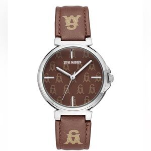 Steve Madden Women's Stacked Logo Brown Polyurethane Strap Watch